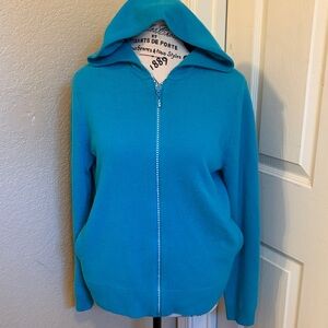 Women's Zip-Up Hooded Cashmere Cardigan Sweater with Rhinestone zip - Turquoise